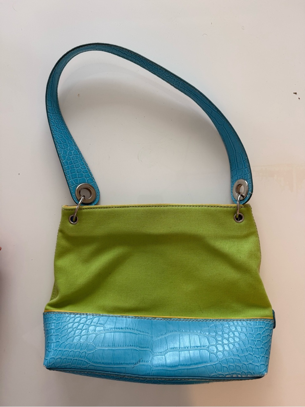 Tommy Hilfiger Lime Canvas Shoulder Bag with Turquoise Croc-Trim